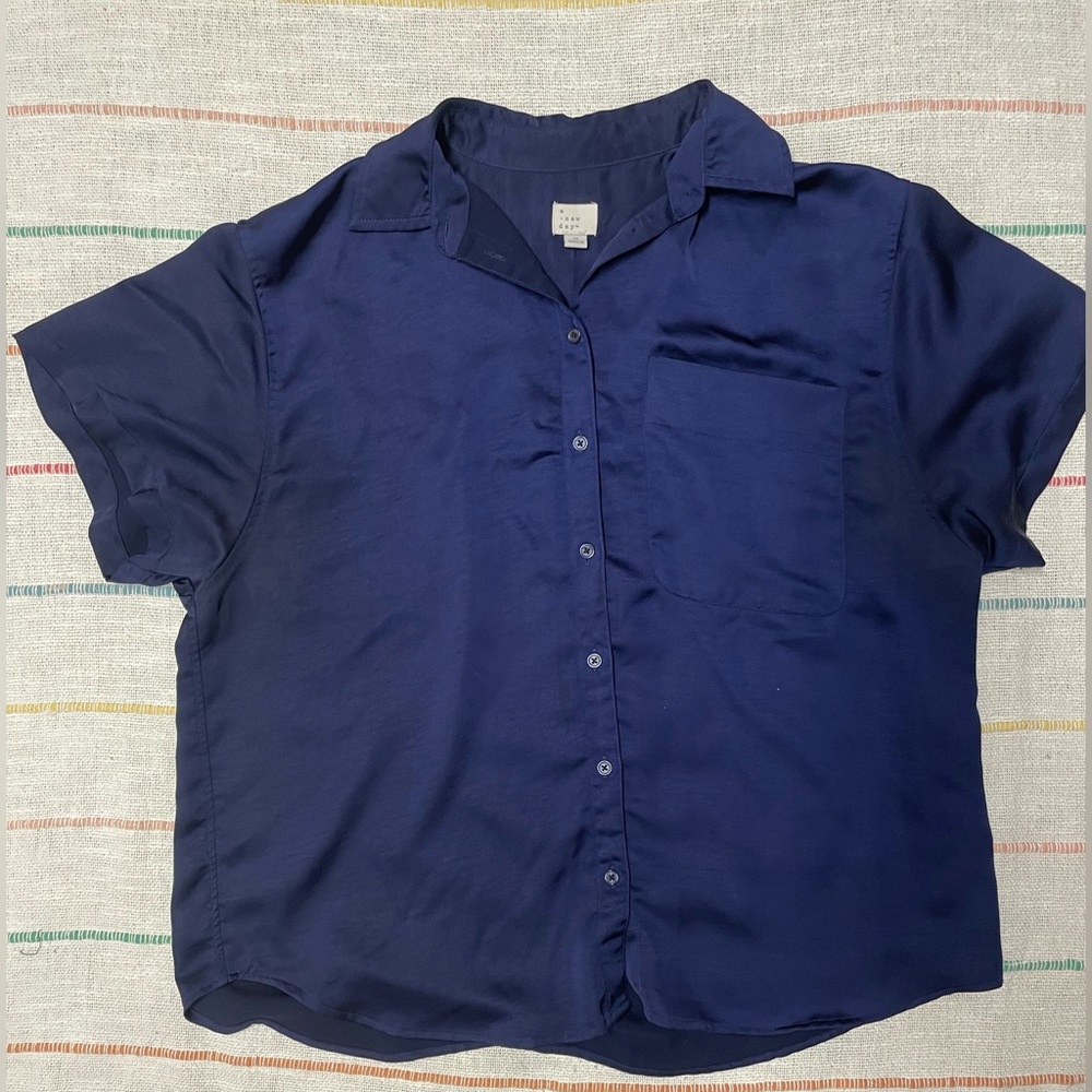 Navy blue A Nee Day silk button up short sleeve